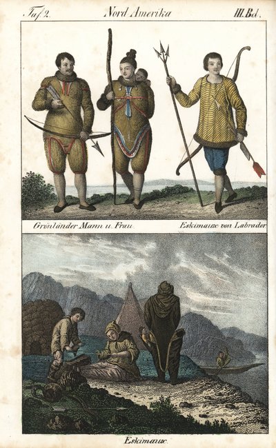 Obyvatelé Grónska v kůžích a jeden Inuita z Labradoru (Kanada) s trojzubcem. Níže je každodenní scéna z rodinného života Inuitů před iglú, stanem a kánoí, Severní Amerika. Litografie pro knihu: "Galerie complete en tableaux fideles des od Unbekannter Künstler