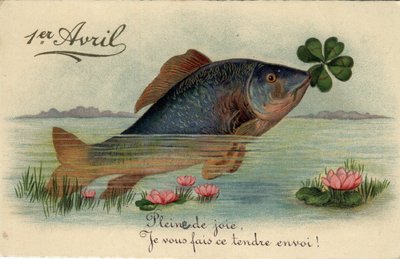 Přání k 1. dubnu: ryba se čtyřlístkem - Pohlednice konec 19.-20. od William M. Timlin