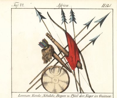 Guinee Conakry zbraně, oštěpy, hole, luk a šípy v jejich toulci, štít. Litografie pro knihu: "Friedrich Wilhelm Goedsche (1785-1863), vydání Míšeň (Německo). od Unbekannter Künstler