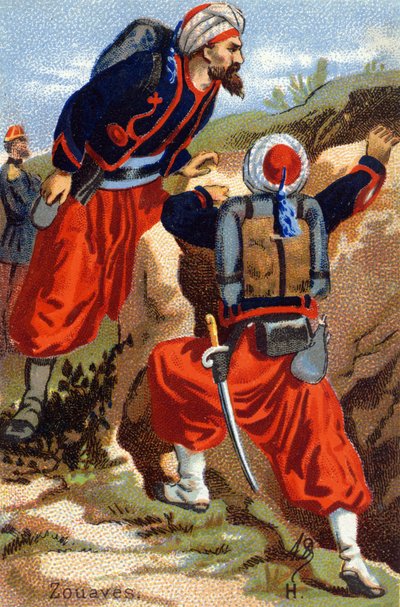 H: Zouaves. Rytina ve "vojenské abecedě" . Iniciály ilustrátora: A. D. Neznámý vydavatel. Chromolitografie konce 19. století. Rozměr: 10,5 x 7 cm. od Unbekannt
