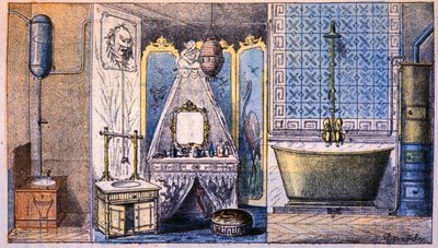 Správa obydlí : záchod, koupelna a vana, asi 1870 (rytina) od Unbekannter Künstler
