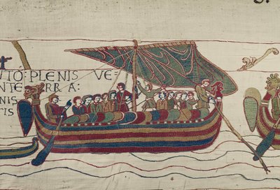Haroldovy lodě jsou odfouknuty na území hraběte Guye z Ponthieu, Bayeux Tapestry (vlněná výšivka na plátně) od Unbekannt