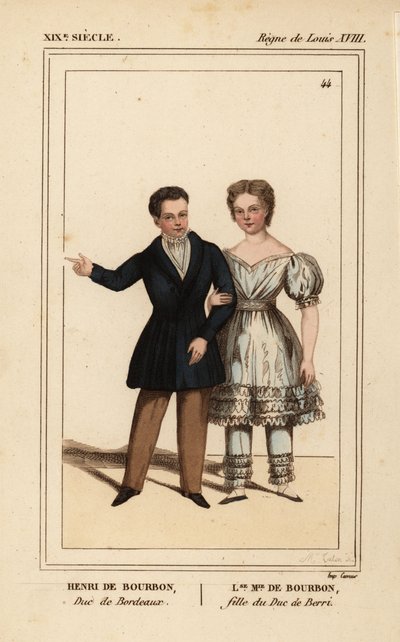 Jindřich, hrabě ze Chambordu, vévoda z Bordeaux 1820-1883 a Louisa Marie Terezie z Artois, dcera vévody z Berry 1819-1870. Ručně kolorovaná litografie Madame Calon z knihy Le Bibliophile Jacob alias Paul Lacroix