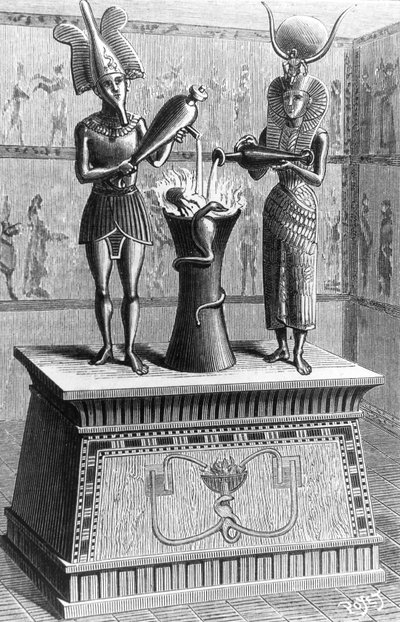 Podivuhodný oltář Herona Alexandrijského (1. stol. n. l.) : když se na oltáři rozhoří oheň, sochy se polévají vínem a mlékem a hadi syčí, rytina od Unbekannter Künstler