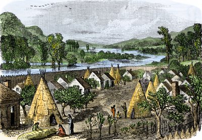 Dějiny původních obyvatel: Mohawk Village, New York, kolem roku 1780. Barevná rytina z 19. století. od Unbekannter Künstler
