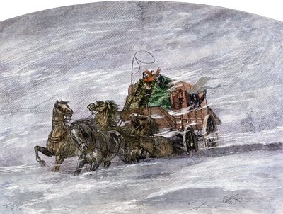 Historie osadníků a dobývání Západu: Američtí průkopníci. Píle na louce uprostřed vánice od Unbekannter Künstler
