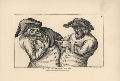 Hodge a Roaf se navzájem obviňují, že místo džbánu piva nechali hrnec s močí. Mědirytina Thomase Sanderse podle satirické ilustrace Timothyho Bobbina (Johna Colliera) (1708-1786) z knihy Human Passions Delineated, John Haywood, Manchester. od Unbekannter Künstler