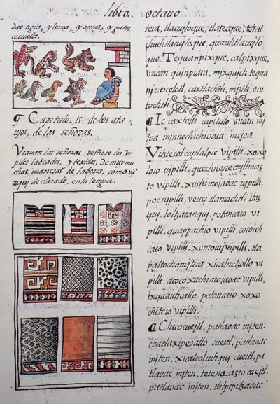 Huipil, ženský oděv nošený šlechtou s vyšívanými halenkami, VIII. kniha Florentského kodexu, Obecná historie věcí Nového Španělska, španělský misionář Fray Bernardino de Sahagun. Aztécká civilizace od William M. Timlin