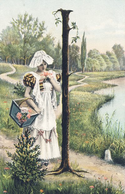I: Stojící žena v šatech, zástěře a pokrývce hlavy drží košík na pravé paži. Venkovský dekor - abecední znaky Ref Th. E., L. Theochrom - Serie 994. Theodor Eisman, vydavatel, Lipsko od Unbekannt