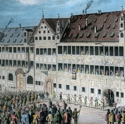 Před Fuggerovým domem na Weinmarktu ve městě Augsburg lidé vzdávají hold švédskému králi Gustavu Adolfovi od Unbekannter Künstler