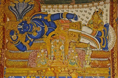 Indie, Tamil Nadu, Srirangam, Sri Ranganathaswamy hinduistický chrám (původní 10. století), nástěnná malba Višnua. od Unbekannt