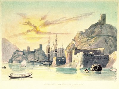 Pohled do interiéru přístavu Muscat (Omán) s popisem opevněných budov a zakotvených lodí. Podplukovník Paint Charles Hamilton Smith (1776-1859) od Unbekannter Künstler