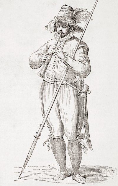 Italský rolník hrající na dulzainu, po díle Cesare Vecellia ze 16. století, z „El Mundo Ilustrado“, vydáno Barcelona od Unbekannt