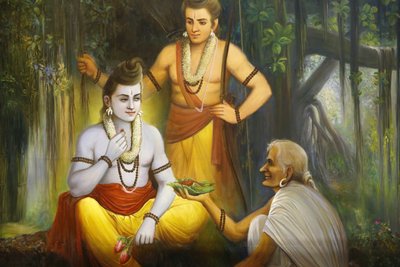 Hinduistický chrám modlitby Jalaraam, Leicester. Freska. Ram setkání Shabri Ho nabízí jídlo Ramkendra. Spojené království od Unbekannt
