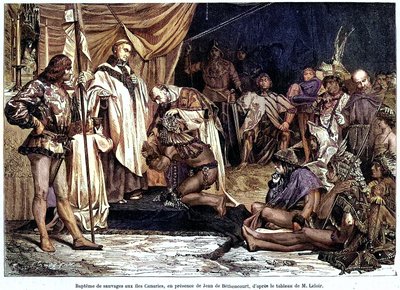 Jean de Bethencourt, normanský gentleman, baron de Saint Martin le Gaillard, dobyl a christianizoval Kanárské ostrovy v lednu 1405, z časopisu „Sur terre et sur mer““ č. 28, 8. ledna od Unbekannter Künstler