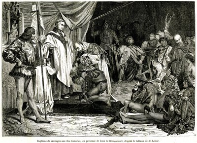 Jean de Bethencourt, normanský gentleman, baron de Saint Martin le Gaillard, dobyl a christianizoval Kanárské ostrovy v lednu 1405, z časopisu „Sur terre et sur mer““ č. 28, 8. ledna od Unbekannter Künstler