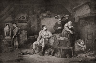 Král Alfréd v chalupě Neatherdů. Alfréd Veliký, asi 848 899. Král Wessexu . legenda vypráví, že když Alfréd uprchl na Somersetské pláně, poskytla mu přístřeší rolnice, která, aniž by věděla o jeho totožnosti, ho nechala hlídat koláče, které měla od Unbekannter Künstler