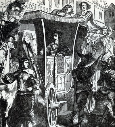 Král Karel I. po neúspěšném pokusu o zatčení pěti poslanců Johna Pyma, Johna Hampdena, Denzila Hollese, Williama Stroda a Arthura Haselriga 4. ledna 1642. 19. století (rytina z knihy "Dějiny světa") od Unbekannter Künstler