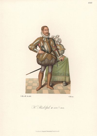 Král Rudolf II., císař Svaté říše římské, český král, rakouský arcivévoda (1552-1612). V krajkovém krunýři, plátové zbroji zdobené zlatem, prořezávaných vycpávaných punčochách a řetízkových ponožkách. Chromolitografie z knihy Hefner-Alteneck
