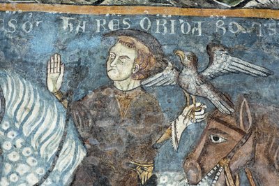 Legenda o založení opatství Vezzolano: Král Karel Veliký (Karel I. Veliký) (742-814) lovil sokola. Údajně má původ ve stavbě opatství. Freska kláštera opatství Vezzolano. Piemont, Itálie. od Unbekannt