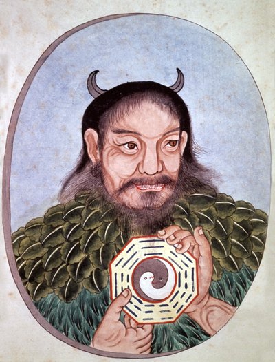 Legendární čínský císař Fu Hi, jeden ze zakladatelů taoismu (2582 př. n. l.), nese medailon s Jinem a Jangem, čínská rytina, konec 18. stol. od Unbekannter Künstler
