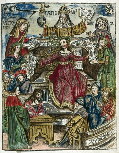 Odvětví vědění 16. století: každá zastoupena různými osobnostmi: nahoře Aristoteles (384–322 př. n. l.) pro filozofii a Seneca (Lucius Annaeus Seneca, 4 př. n. l. – 65) pro morálku od Unbekannt