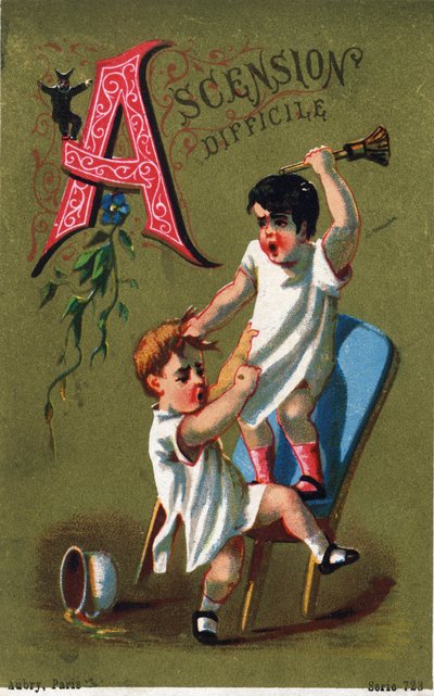 Písmeno A: Obtížný výstup. Rytina v "Alphabet des grotesques"". Série 25 reklamních chromolitografií na dore pozadí, konec 19. století. Rozměr: 11 x 7 cm od Unbekannt