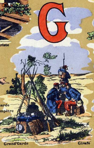 Písmeno G jako velký strážce armády. Iphabet ilustruje. Snímky se znovu spojily v Jarville-Nancy na začátku 20. století. Rozměr: 40 x 29 cm. Litografie na bistre pozadí od Unbekannt