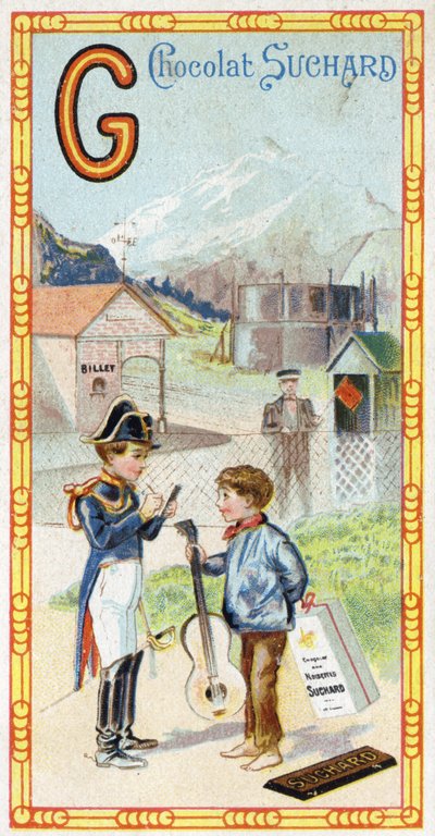Písmeno G: ledovec, četník, gazometr, dítě, stanice, válečník, korouhvička, kytara. Rytina abecedy v úpravě Chocolat Suchard, počátek 20. století. 24 chromolitografií představujících místa, postavy a předměty, které mají být na snímku objeveny od Unbekannt
