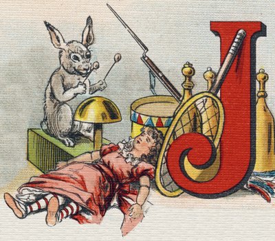 Písmeno J: hračky. Rytina "Alphabet de ma petite fille". Bernardin-Bechet a Fils, knihkupci-nakladatelé, Paříž, kolem roku 1895. Nerozbitné album na plátně. Bibliotheque des Bebes. 12 stran. Album obsahující metodu čtení a názornou abecedu od Unbekannt