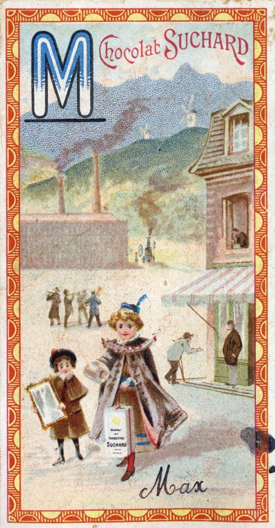 Písmeno M: hora, zrcadlo, stroj, manufaktura, kabát, žebrák, mlýn. Rytina abecedy v úpravě Chocolat Suchard, počátek 20. století. 24 chromolitografií představujících místa, postavy a předměty, které mají být na snímku objeveny. Ztlumit: od Unbekannt