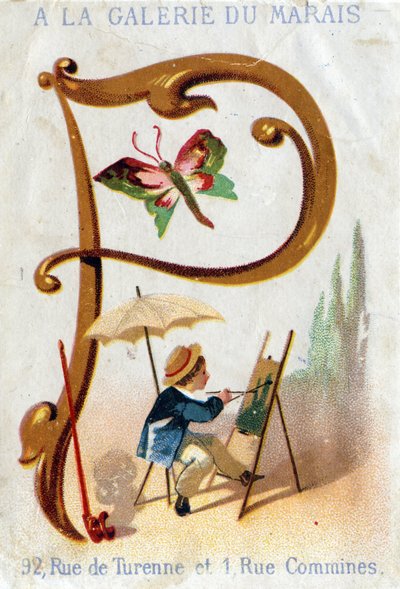 Písmeno P: malíř, motýl, slunečník, dýmka. Alphabet Art Nouveau: Série 25 reklamních chromolitografů. Litografie Alfreda Clareyho, konec 19. století. Rozměr 115 x 75 mm od Unbekannter Künstler