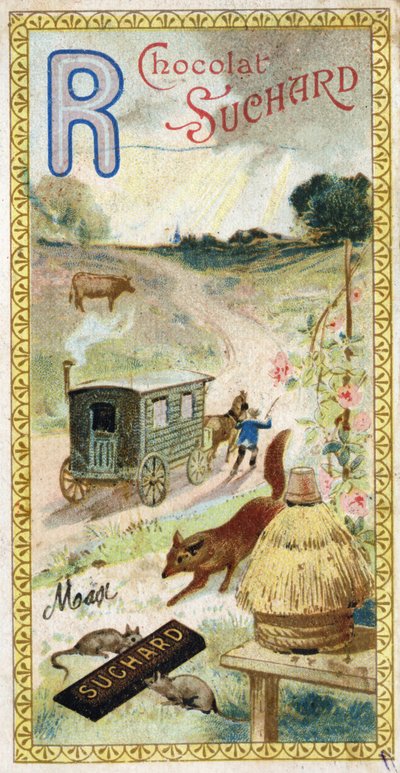 Písmeno R: rejnoci, přežvýkavec, přívěs, úl, liška, krysy, růže. Rytina abecedy v úpravě Chocolat Suchard, počátek 20. století. 24 chromolitografií představujících místa, postavy a předměty, které mají být na snímku objeveny. Rozměr: 105 x 55 mm od Unbekannt