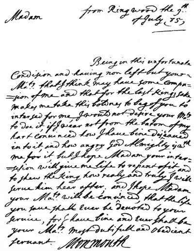 Dopis s prosbou o milost, který napsal James, vévoda z Monmouthu po neúspěchu své vzpoury a den po jeho zajetí, vdově královně Catherine z Braganzy, 9. od Unbekannt