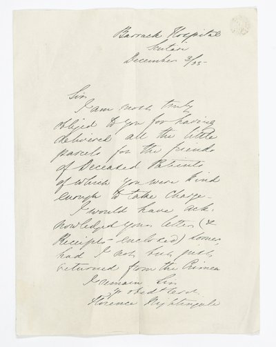 Dopis napsaný Florence Nightingale, když byla v Barrack Hospital, Scutari (inkoust na papíře) od Unbekannt