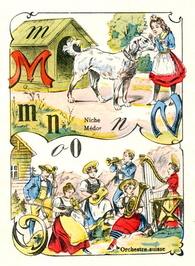 Písmena M N a O jako Medor, Niche a Swiss Orchestra. Gravírování v "Zábavné abecedě". Zobrazování Pont-a-Moussona. Tisk a vydavatelství Louis Vagne, konec 19. století od Unbekannt