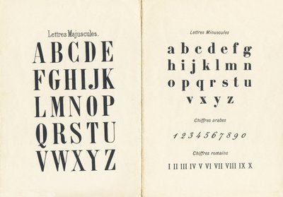 Velká a malá písmena, arabské a římské číslice - Rytina převzata z ABCD malých dívek. Pellerin & Cie, tiskárna-nakladatel, Epinal, kolem 1890. Serie A. Rozměry: 19 x 13,5 cm. od Unbekannt