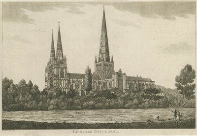 Katedrála Lichfield - South View: rytina akvatinty, nd [c 1820-1830] od Unbekannt