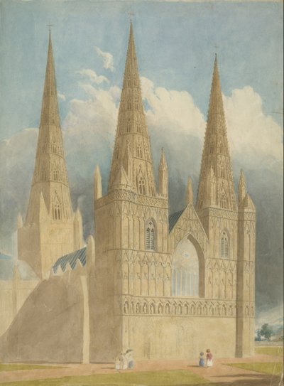Katedrála Lichfield – západní fronta: malba akvarelem a [c 1840] od Unbekannt