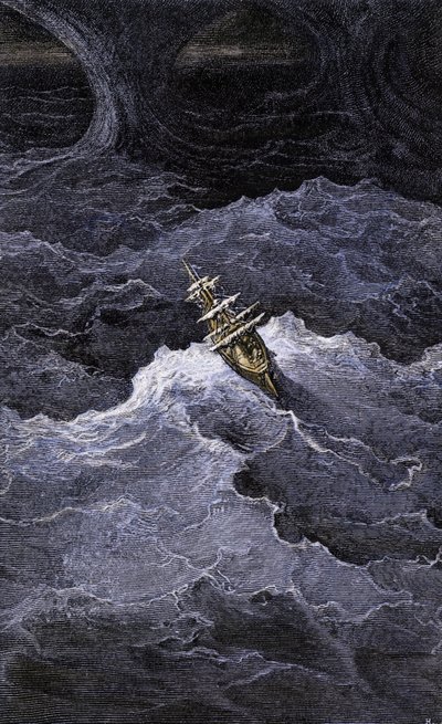 Literatura: Loď uprostřed moře. Ilustrace k románu Samuela Taylora Coleridge (1772-1834) "Rime of the Ancient Mariner". Barevná rytina podle ilustrace Gustava Doreho. od Unbekannter Künstler