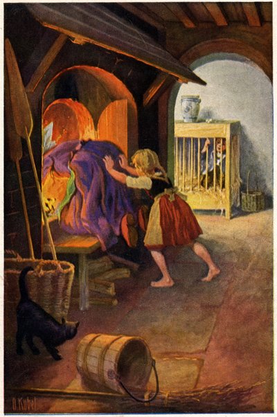Literatura. Pohádka. Jeníček a Mařenka a čarodějnice. Ilustrace Otto Kubela k pohádce bratří Grimmů. Pohlednice, Německo, cca 1900 (pohlednice) od Unbekannter Künstler