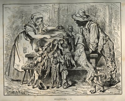 Malý Poulet a jeho hladoví bratři. Rytina od Gustava Dore (1832-1883) z „“Les contes““ od Charlese Perraulta (1628-1703) od Unbekannt