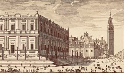 Lonja de Comercio ("Obchodní budova") a částečný výhled na sevillskou katedrálu. Rytina. ŠPANĚLSKO. MADRID (AUTONOMNÍ SPOLEČENSTVÍ). Madrid. Národní knihovna od Unbekannter Künstler