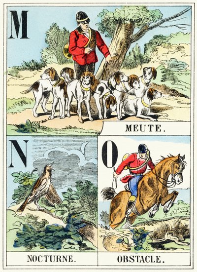 M N O : Meute, Nocturne, Obstacle - The Hunting Alphabet, c.1890 (rytina) od Unbekannt