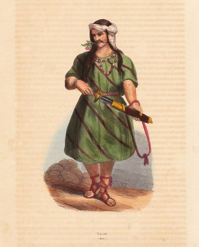 Muž z kmene Karenů (Karene nebo Karyang) (Barma, Myanmar) - Muž z kmene Karenů (Karianů) v jižní Barmě - ručně kolorovaný dřevoryt z knihy "Mores, Uses et Costumes de tous les Peoples du Monde, Asia" od Auguste Wahlena, pseudonym Jean Francois Nicol od Unbekannter Künstler