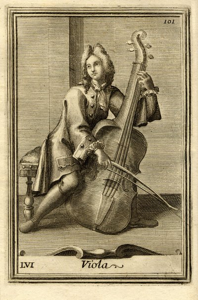 Muž hrající na violoncello (neboli "violu"). V "Gabinetto Armonico" od Filippa Bonanniho, Řím od Unbekannter Künstler