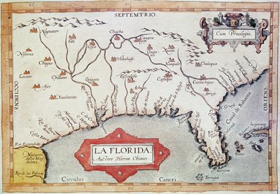 Mapování "Florida". Vidíme obratník Raka, Bahamy a ostrovy Tortugas. V díle "Teatrum Orbis Terrarum" od kartografa Abrahama Ortelia (1527-1598). od Unbekannter Künstler