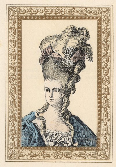 Marie Antoinetta, manželka francouzského krále Ludvíka XVI., ve složitém účesu korunovaném stuhami a perlami od Unbekannter Künstler