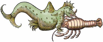 Mořský drak a obří korýš, xylografie převzata z "Paralipomena accuratissima historiae omnium animalium quae in voluminibus Aldrovandi desiderantur/Bartholomaeus Ambrosinus... summo labore collegit; Marcus Antonius Berna bibliopola bononiensis p od Unbekannter Künstler