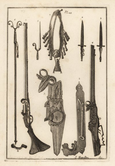 Matchlock mušketa, zámek a bajonet z Tower of London 1-3, bajonet 4, opěrka muškety a bajonet 5, opěrka muškety 6, bandileers a prachovka 7, zámek kola 8,9 a klíč 10 od Unbekannt